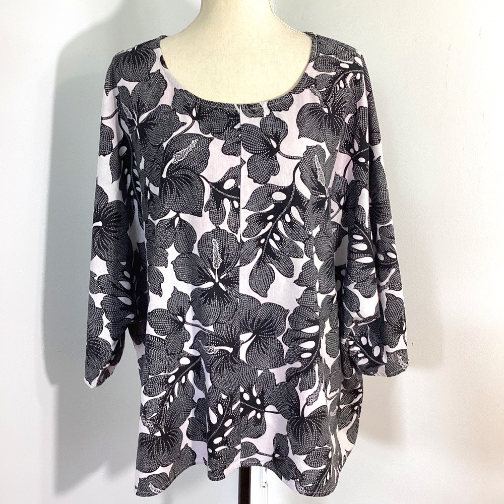 CYNTHIA ROWLEY PLUS 2X BLOUSE TOP BALCK WHITE TROPICAL FLOWERS LINEN BLE…